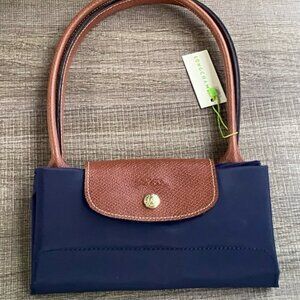 Longchamp Navy Blue Large Tote Bag Handle Brown